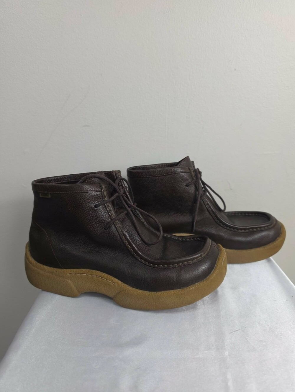 Aldo Dark Brown Leather Moc Toe Ankle Boots with Tan Crepe Sole